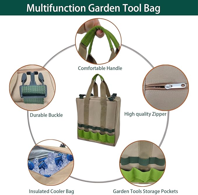 Garden Tool Set with Folding Kneeler Stool Green Steel Frame Oxford Fabric 8PCS Gardening Tools with Insulated Tote Bag Knee Mat for Outdoor Gardening Camping Fishing