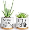 Kwtzkuo® 2 Pack- Say Aloe to My Little Friend - Funny Succulent Pots, Cute Small Ceramic Planter Pot with Drainage, Home & Office Succulent Aloe Planter