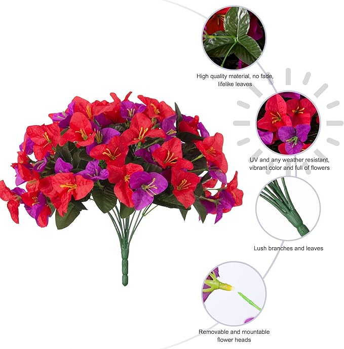 Artificial Faux Flowers for Outdoors Spring Summer Outside Decor, 4 Bundles Fake Silk Bougainvillea UV Resistant Look Real Faux Plants for Planter Patio Porch Window Garden Home Decoration, RedPurple