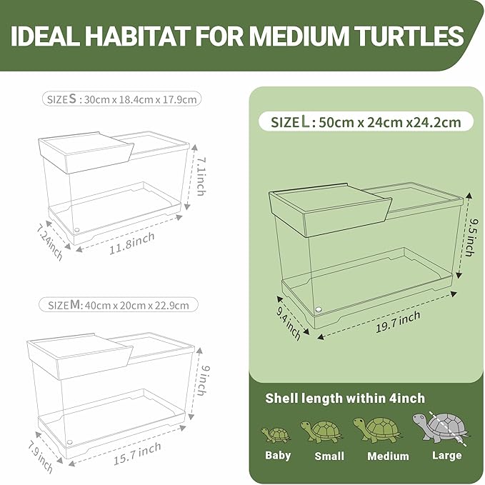 GOZILLA Turtle Tank Kit(Tank+Lamp+Filter), Upgrade PC Turtle Tank Starter Kit with Adjustable Lamp & Filter, Reptile Hideout Habitat with Lid for Small Reptiles.(19.68× 9.52× 9.44''/Large-Black-Kit)
