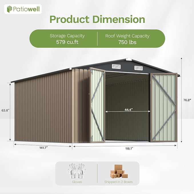 Patiowell 10 x 12 FT Outdoor Metal Storage Shed, Heavy-Duty Shed Storage with Lockable Doors and Steel Frame, Utility Tool Outside Large Storage Shed for Garden, Patio, Backyard, Brown