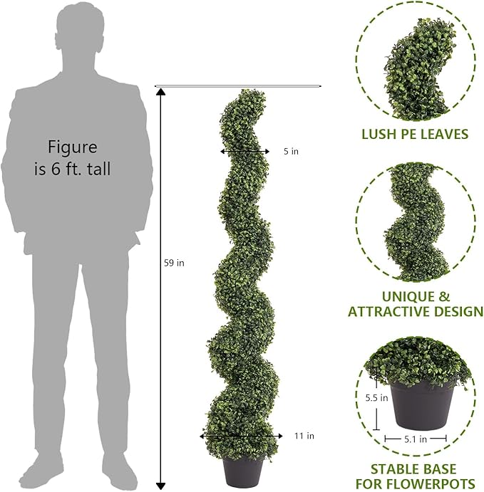 THE BLOOM TIMES 5ft Tall Spiral Topiary Trees Artificial Outdoor Set of 2, UV Resistant Large Faux Evergreen Fake Boxwood Plants for Front Porch Outside Planter Entryway Entrance Decor 5 Foot