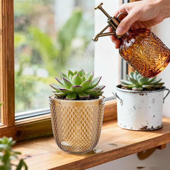 QCQHDU 2 Pack Self Watering Pots, 7.2 Inch Flower Pots with Drainage Holes and Water Filling Port, Garden Planter for Indoor Outdoor Plants (Gold)