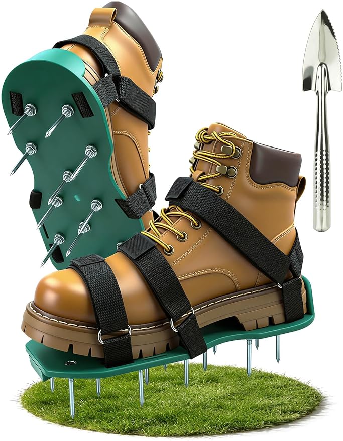Lawn Aerator Shoes for Grass, Pre-Assembled Heavy Duty Aerator Lawn Tool with Hook and Loop Straps, One Size Fits All Spiked Shoes for Effectively Aerating Yard Garden Lawn Patio Soil, No Installation