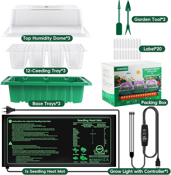 Verdenu 3PK Seed Starter Kit with Grow Light and Heat Mat, 36-Cells Indoor Large Seed Starter Tray with Humidity Dome, Adjustable LED Lighting for Seed Germination, Propagation of Vegetables