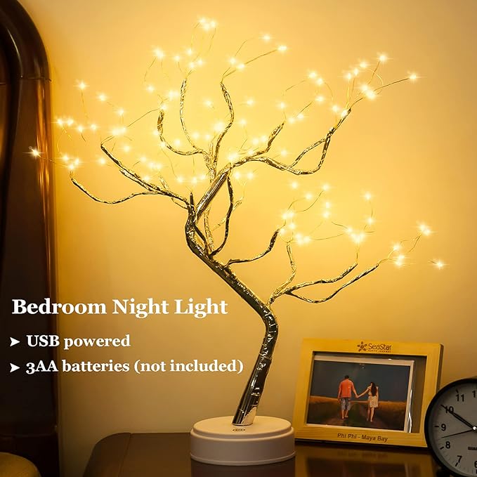 PXBNIUYA 108 LED Sparkly Fairy Tree Lamp, Warm White, Remote Control, USB/Battery, 8 Modes, DIY Bonsai Decor, Festival Decoration Light