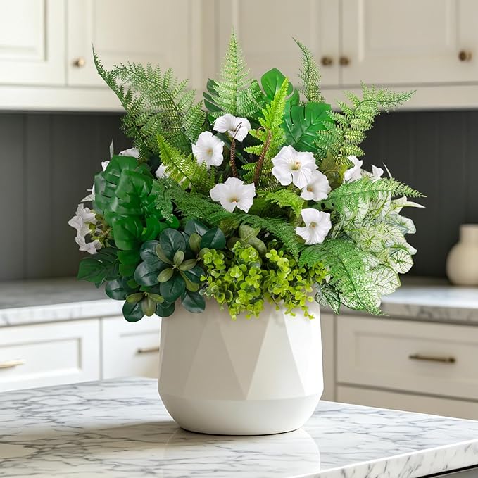Hrobek Outdoor Faux Plants UV Resistant - 8 Bouquets Realistic Artificial Eucalyptus Fern Morning Glory Greenery for Patio Garden Front Porch Decor Weatherproof Fake Plants for Outside
