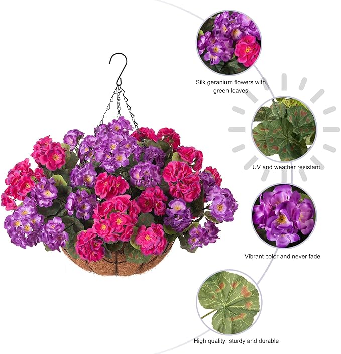 INSPRING Geraniums Artificial Flowers Hanging Basket for Outdoors Outside Spring Decoration, 8 Bundles Silk Flowers Fake Plants Look Real UV Resistant for Porch Home Patio Balcony Yard, Purple Fuchsia