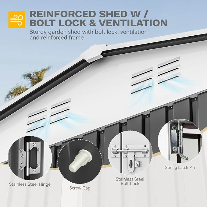 DWVO 10x10ft Metal Outdoor Storage Shed with Window, Lockable Tool Storage Sheds, Oversized Steel Garden Sheds with Sloped Roof for Backyard, Patio, Garage, Lawn, Gray & White