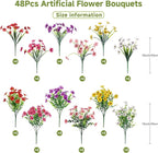 Alupssuc 48 Bundles Artificial Flowers for Outdoors Decoration, UV Resistant Silk Faux Daisy Flora Spring Fake Plastic Plants Greenery for Outside Indoor Yard Home Porch Window Box Decor, Mix 6 Colors
