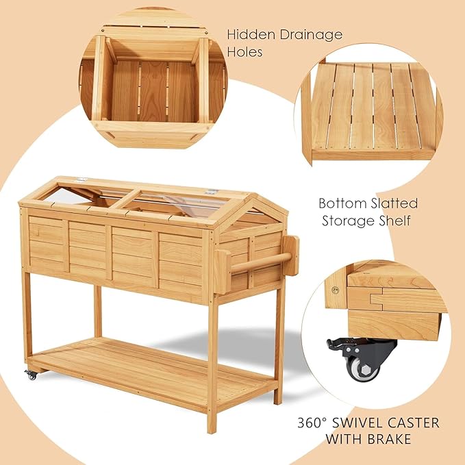 Raised Herb Garden Planter Indoor Outdoor with Wheels for Basil, Parsley, Rosemary, Thyme & Mint , Wooden Seed Starter Grow Box with Cover, Gardening Gifts for Women, Mom, Plant Lovers (Wood)