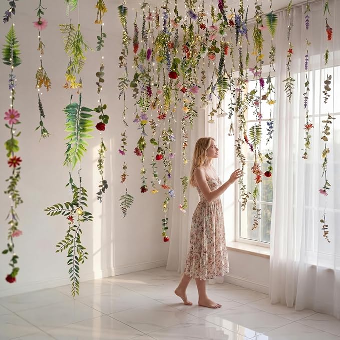 Suncalla 6 Pcs 35.4ft Hanging Flowers Garlands Backdrop Lighted Floating Fake Wildflower Vines LED Floral Garland Ceiling for Spring Wedding Bridal Shower Birthday Graduation Party(Fresh,Multicolor)