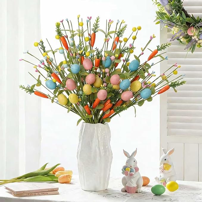 Easter Decorations 6 Pack Easter Stems 17 Inch Artificial Egg Picks with Carrots Colorful Eggs Eucalyptus Leaves for Living Room Centerpieces Home Vase Decor