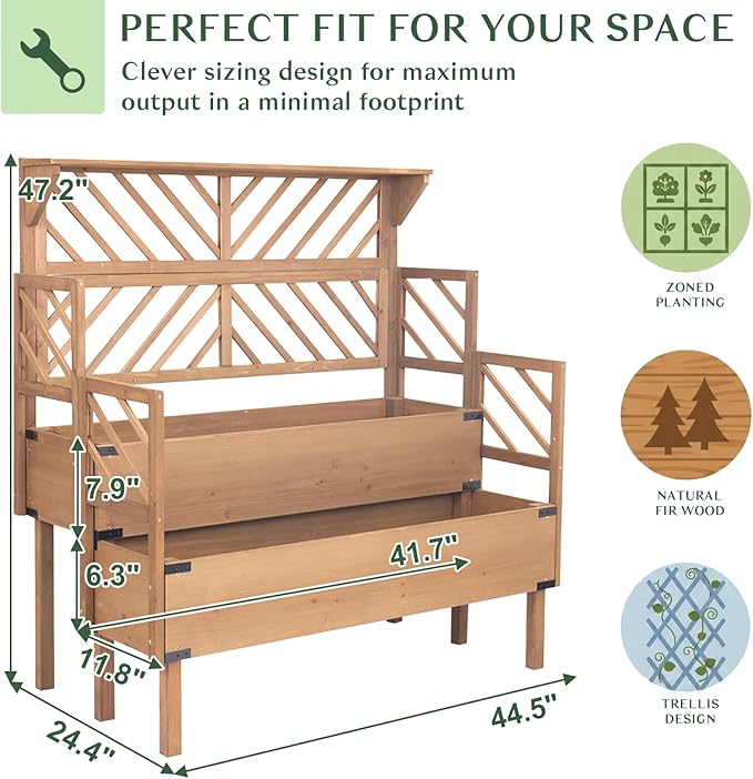 Raised Garden Bed Outdoor with Lattice Trellis, 47.2''H Wood Outdoor Flower Plant Stand with Two Planting Areas, Metal Reinforced, Liner, Elevated Garden Beds for Climbing Plants, Herb, Brown