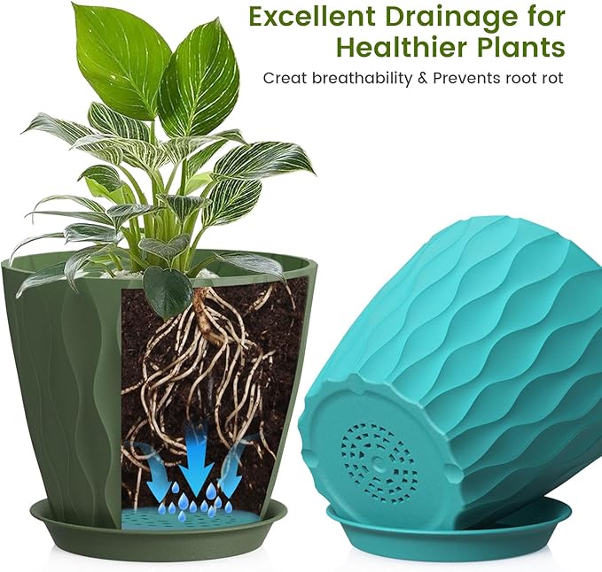 UOUZ 8 Inch Plant Pots, 4 Pack Plastic Planters for Indoor Outdoor with Drainage Holes & Saucers, Waffle Texture Flower Pots for Indoor Plants, Indoor Plant Pots for Monstera, Fiddle Leaf Fig Colorful