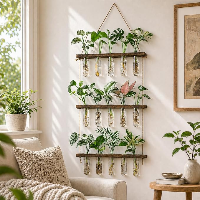 3 Tier Wall Hanging Propagation Stations with 15 Glass Test Tubes, Plant Terrarium Propagation Tubes Planter for Hydroponic Cuttings, Window Decor Gift for Plant Lovers