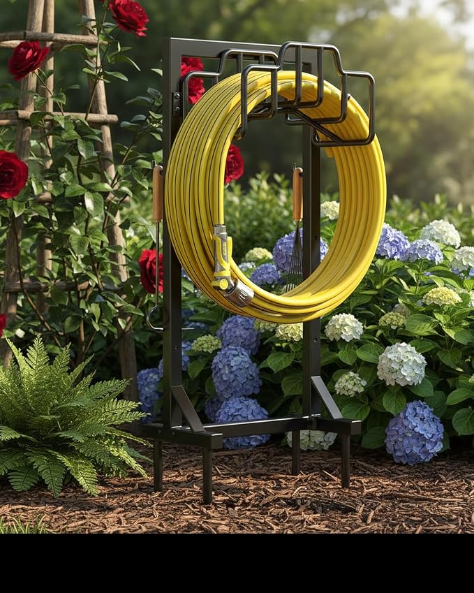 Skycarper Garden Hose Reel Holder Detachable Metal Water Hose Hanger Organizer Heavy Duty Free Standing Hose Stand (Deep Black)