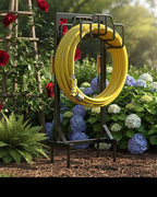 Skycarper Garden Hose Reel Holder Detachable Metal Water Hose Hanger Organizer Heavy Duty Free Standing Hose Stand (Deep Black)
