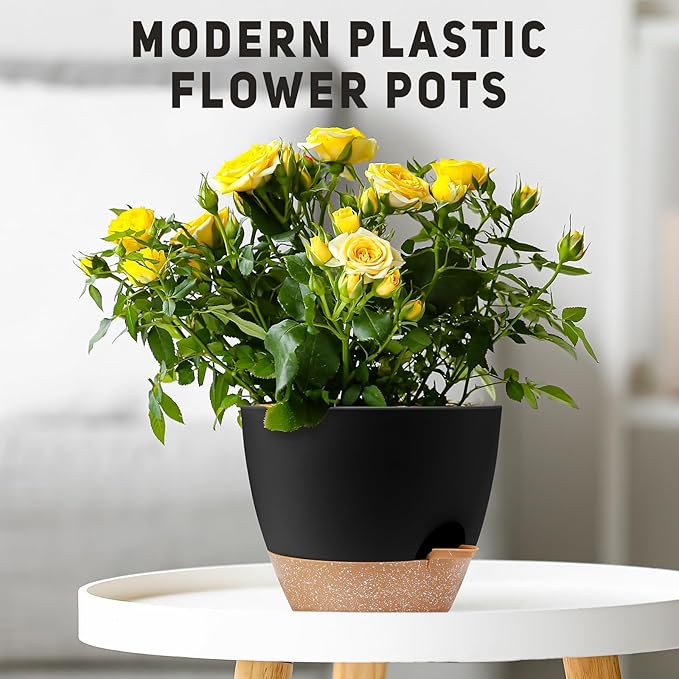 YNNICO 12 inch Large Self Watering Plant Pots, Flower Pots Planters with Multi Mesh Drainage Holes for Indoor Outdoor Garden Plants and Flowers.（Black）