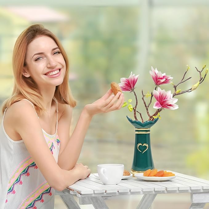 LoveLin Artificial Flowers Pink with Ceramic Vase - Ready-to-Display Home Decor Indoor for Living Room, Dining Table, Office, Wedding & Housewarming, Magnolia Flower & Green Vase