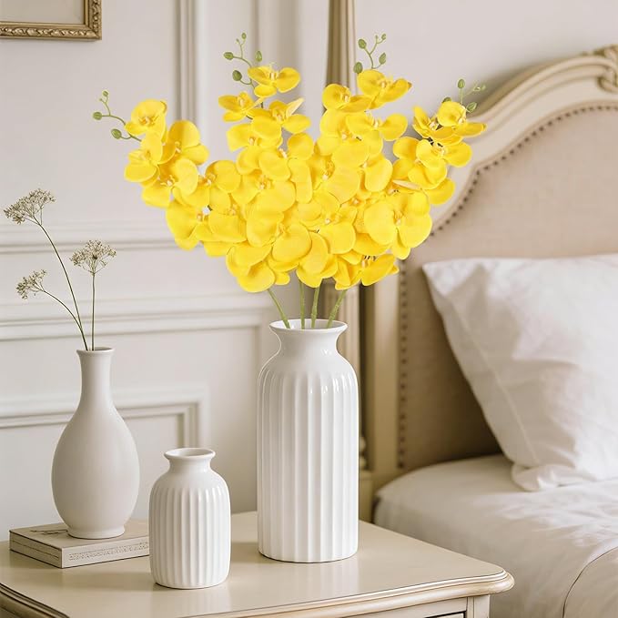 4PCS Faux Orchid Artificial Flowers, 35inch Long Stem Phalaenopsis Branches，Fake Orchid Flowers for Tall Vase Home Wedding Party Decoration (Yellow)