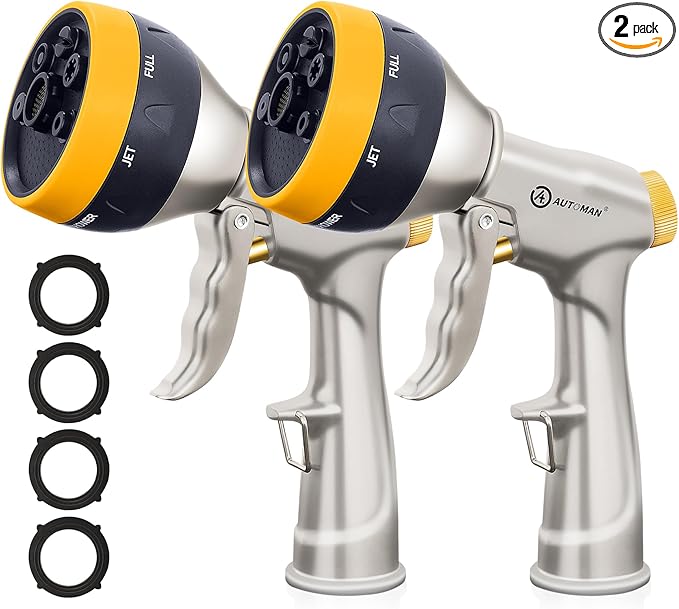 AUTOMAN Garden Nozzle Sprayer, 2 Pack High Pressure Spray Nozzle, 100% Metal Water Hose Nozzle, 7 Patterns Watering Nozzle, Heavy Duty Sprayer Garden Nozzle for Watering Plants & Lawns, Washing Cars