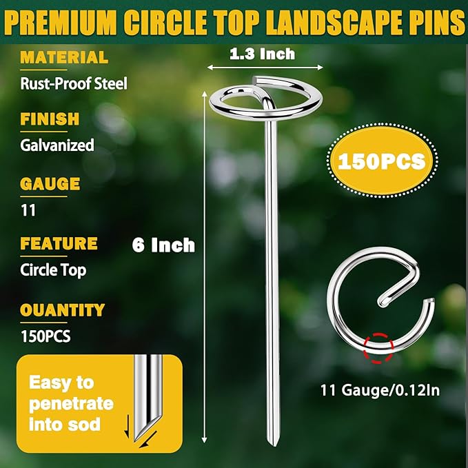 150 PCS Landscape Fabric Staples Pins,Heavy Duty Circle Top Landscape Fabric Stakes,6 inch Galvanized Weed Barrier Stakes Pins with Removal Tool,Reusable Garden Staples for Weed Barrier Fabric