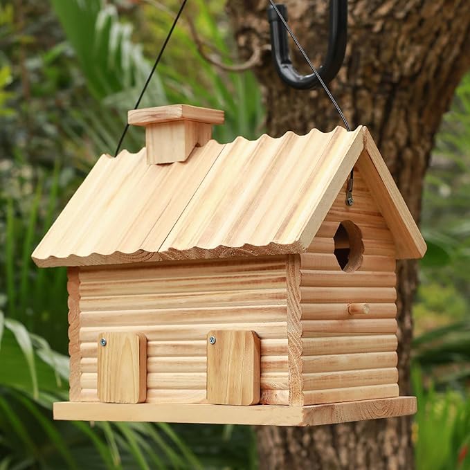 STARSWR Bird House Outside,Outdoor Bird Houses, Natural Wooden Bird Hut Clearance 2 Hole Bluebird Finch Cardinals 2 Rooms Hanging Birdhouse for Garden Viewing