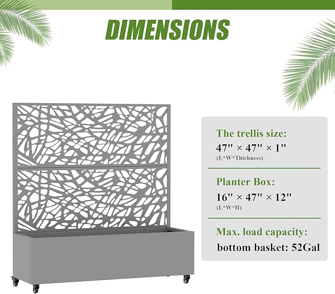Casaphoria Metal Raised Garden Bed with Trellis and Wheels, 47"x47"x16" Planter Box for Climbing Plants, Vegetables & Vines, Features Drainage Holes and Privacy Screen, Grey-Net