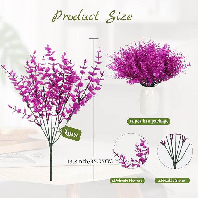 RECUTMS 12 Branches Fake Outdoor UV Resistant Plants Artificial Boxwood Plants Fake Flowers for Outdoor Faux Plastic Greenery Shrubs for Spring Garden Patio Window Box Home Decor(Pure Fuchsia)