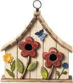 Glitzhome Hanging Birdhouses for Outside,10.75" L Distressed Solid Wood Birdhouse with 3D Flowers Rustic Two-Story Townhouse Hand-Painted Bird Houses for Outdoors,Washed White