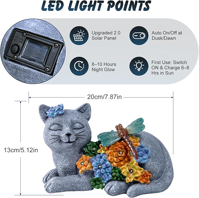 Solar Cat Garden Statue - Lying Outdoor Figurine with Dragonfly & Flower LEDs, Upgraded 2.0 Solar, Auto On/Off, IP65 Waterproof Hand-Painted Resin, Garden Decor, Gift for Cat Lovers, Mom, Grandma