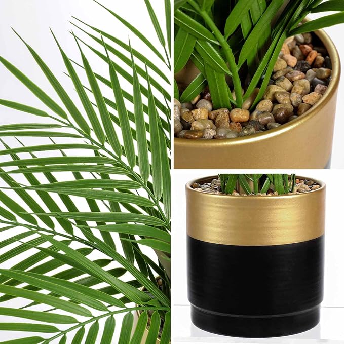 Briful Fake Plant 15.7’’ Artificial Palm Plant in Gold Black Pot Real Touch Faux Tropical Palm Tree Houseplant for Home Indoor Living Room Tabletop Balcony Decorations