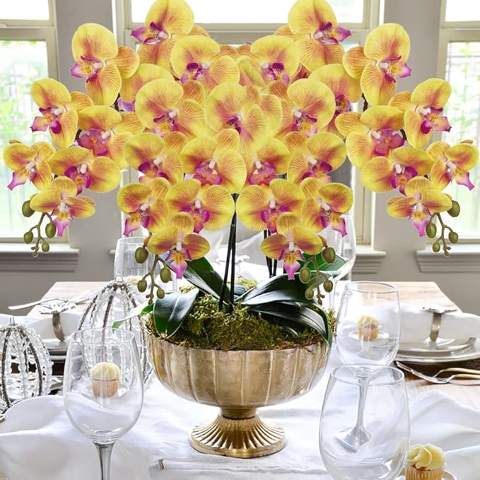 DILATATA Artificial Orchid Flowers 9 Large Heads of Real Touch Vivid Phalaenopsis Orchid Flower Stem 36'' Tall, Artificial Flowers Branches for Home Decor, Office House Decor-Yellow Orchids Flowers