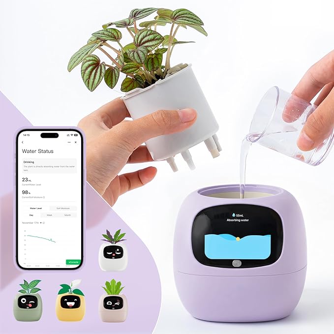 Smart Planter with App Control, Self-Watering AI Plant Pot with LCD Display, Interactive Desk Plant Companion for 100+ Plants, Smart Indoor Planter with Pomodoro Timer,80ml Reservoir,Calendar-Purple
