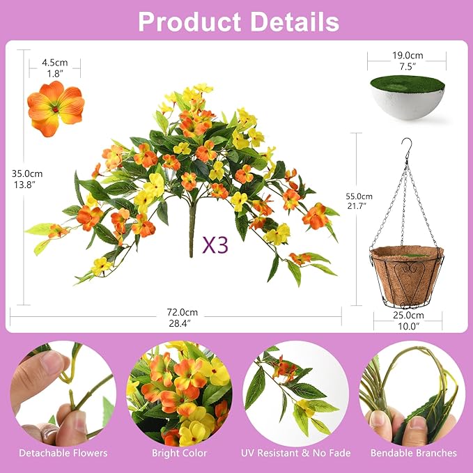 Hommyea Artificial Fake Hanging Flowers Plants Basket for Outdoors Outside Decoration UV Resistant Faux Silk Flowers Look Real Plastic Flowers for Spring Planters Home Porch Patio Garden Decor