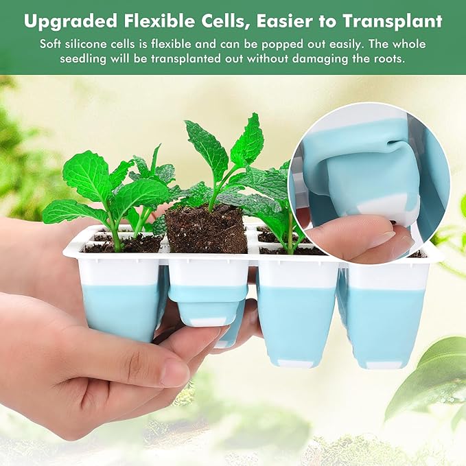 Hanaoyo Reusable Seed Starter Tray with 72 Soft Silicone Cells, 6 Pack Seed Starter Kit with Repotting Mat, Humidity Dome and High Lid, Germination Trays for Indoor Greenhouse Seed Starter