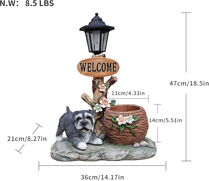 Animal Outdoor Statue Planter Solar Light Welcome Garden Sculpture Resin Flower Pot Decorative Porch Patio Yard Lawn Entryway Figurine with LED Lamp Rustic Plant Holder Ornament Courtyard (A)