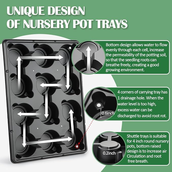 RooTrimmer 4 Inch Plastic Plant Pots 60 Pcs and 12 Cell Nursery Pots Trays 5 Pcs, Thick Sturdy Seeds Starting Germination Shuttle Carrying Trays, Black Small Planter Nursery Propagation 5 Sets