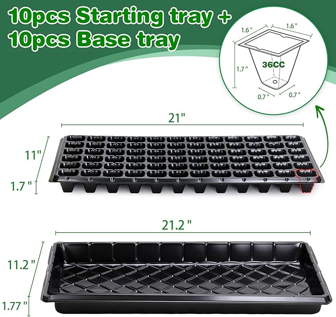 72-Cell Seed Trays with Drainage Trays-10 Sets 20 Packs-1020 Durable Plastic Plant Tray for Seed Germination（21x11x1.81 in）