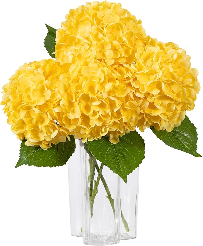 DuHouse 3Pcs Hydrangea Artificial Flowers,Latex Real Touch Hydrangeas with Long Stems & Leaves for Home Decor Party Floral Arrangements Wedding Bouquets Centerpieces(Yellow)
