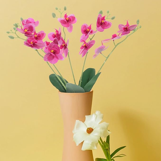 Artificial Phalaenopsis Orchid Stem with Leaves, Long Silk Orchid Branches Faux Flowers for Home and Living Room Decor, Purple Artificial Flower Plants for Office and Event