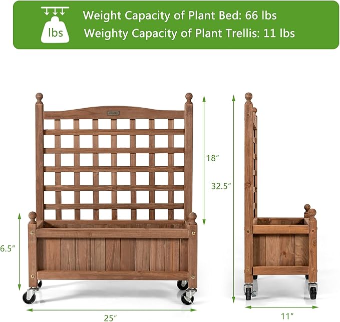 Giantex Set of 2 Mobile Plant Raised Bed, Wood Planter with Lattice Trellis and Wheels, Flower Box for Plant Climbing, Vertical Garden for Balcony Patio Yard, 25"x 11"x 32.5"