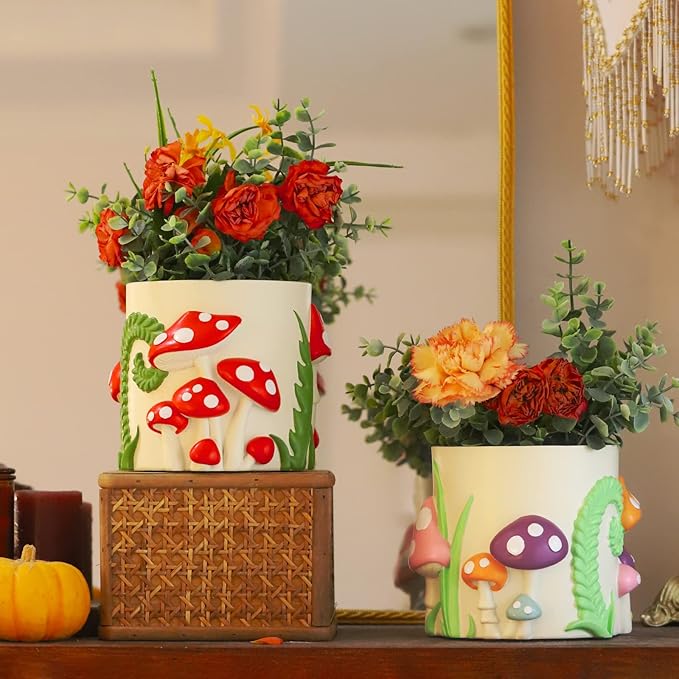 GUGUGO 8 Inch Colorful Mushrooms Planters Cute Unique Rainbow Planter with Drainage, Vintage Retro Flower Plant pots for Indoor Plants, Eclectic Succulent Gardening Pot for Boho Modern Home Décor (C)