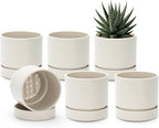 Phoenix Vine 4 Inch Planter Pot with Drainage Hole & Saucer, Deep Water Catch Tray, Straight Cylindrical Round Pot for Plants, Oatmeal, Pack of 6, 23-E-R-6