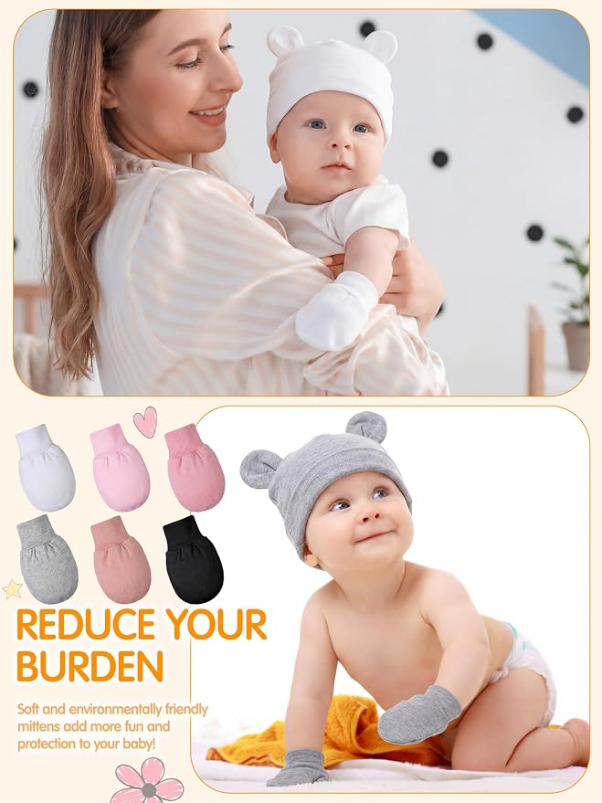 Geyoga 12 Pieces Newborn Hat Mittens Gloves Set Baby Boys Girls Cotton Baby Beanie for 0-12 Months