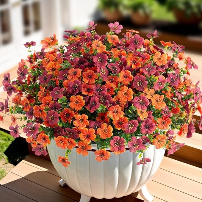 Artificial Fake Mums Fall Flowers for Outdoors Decoration,12 Bundles Faux Silk Daisy Flowers for Outdoor Planter UV Resistant Look Real for Home Front Door Porch Patio Outside Yard(Orange Brown)