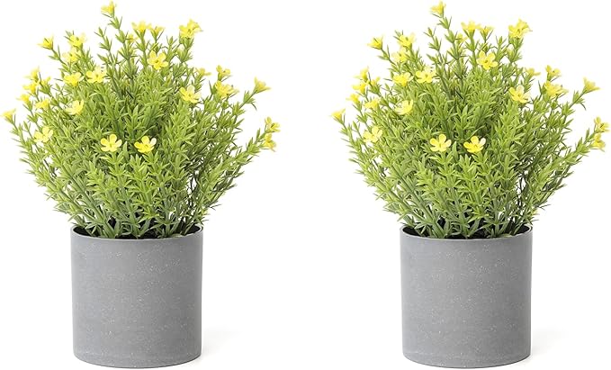 2 Pack Small Desk Plants, Artificial Bathroom Plants Decor with Thyme Flower in Vintage Melamine Pots, Faux Plants Indoor for Shelf Decor in Home Office, and Spring Decor (Yellow)