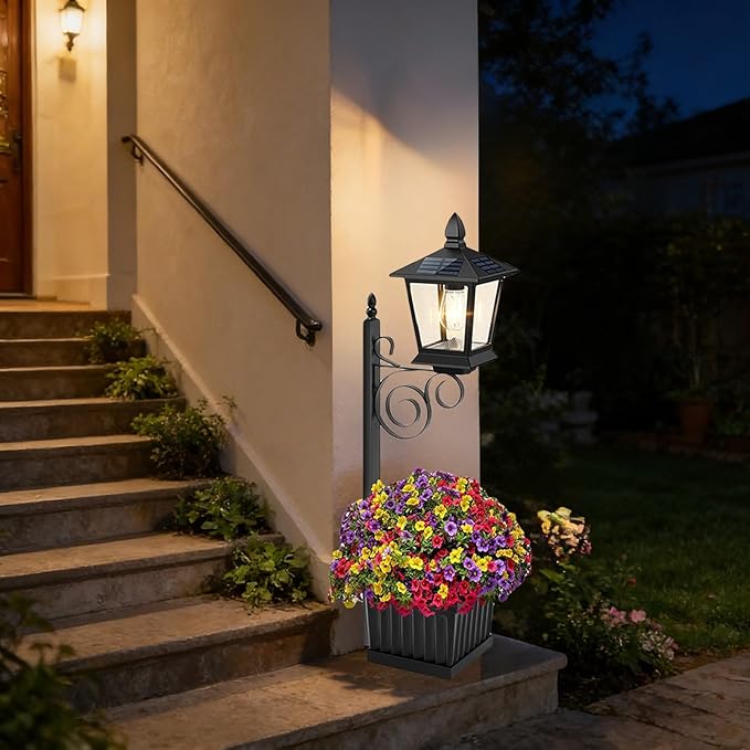 Solar Floor Lamps with Planter (2-in-1 Design), Solar Lamp Post Light with Planter with Posts, Ground Stakes, Planters, & Wall Mount Hardware, Outdoor Lights for Patio, Porch, Deck, Yard (Black)