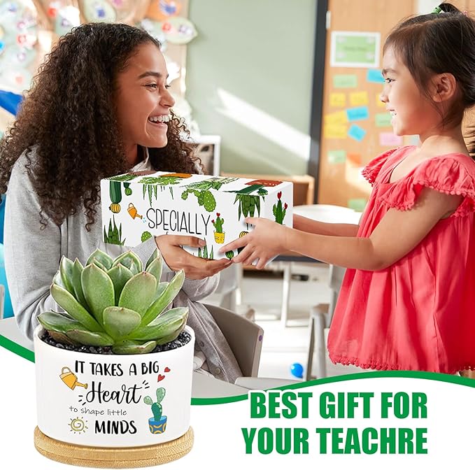 3Pcs Teacher Appreciation Gift Succulent Pots Mini Ceramic Plant Pot with Bamboo Tray Pots Planters for Best Teacher Thank You for Helping Me Grow for Graduation Birthday Plants Not Included